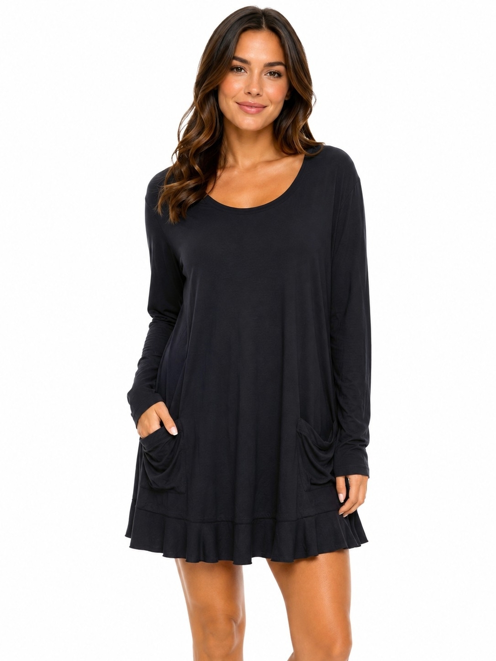 LOGO by Lori Goldstein Black Long-Sleeve Ruffle-Hem Dress